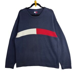 Vintage Tommy Hilfiger XXL Crewneck Colorblock Knit Sweater Navy Flag Stripe 90s